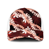 Puakenikeni Maile Lei Mesh Trucker Cap Frangipani Red Tropical Leaves LT01 One Size White Red - Polynesian Pride