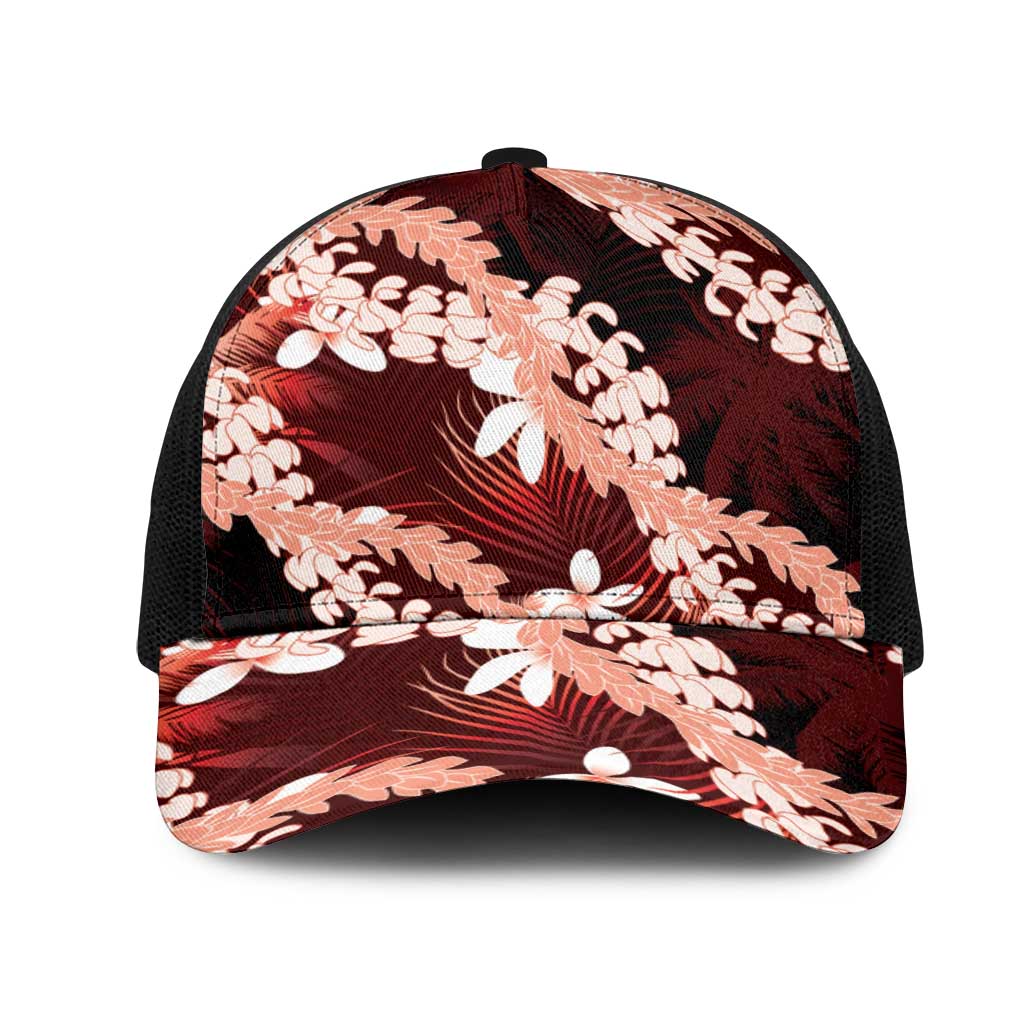 Puakenikeni Maile Lei Mesh Trucker Cap Frangipani Red Tropical Leaves LT01 One Size Black Red - Polynesian Pride