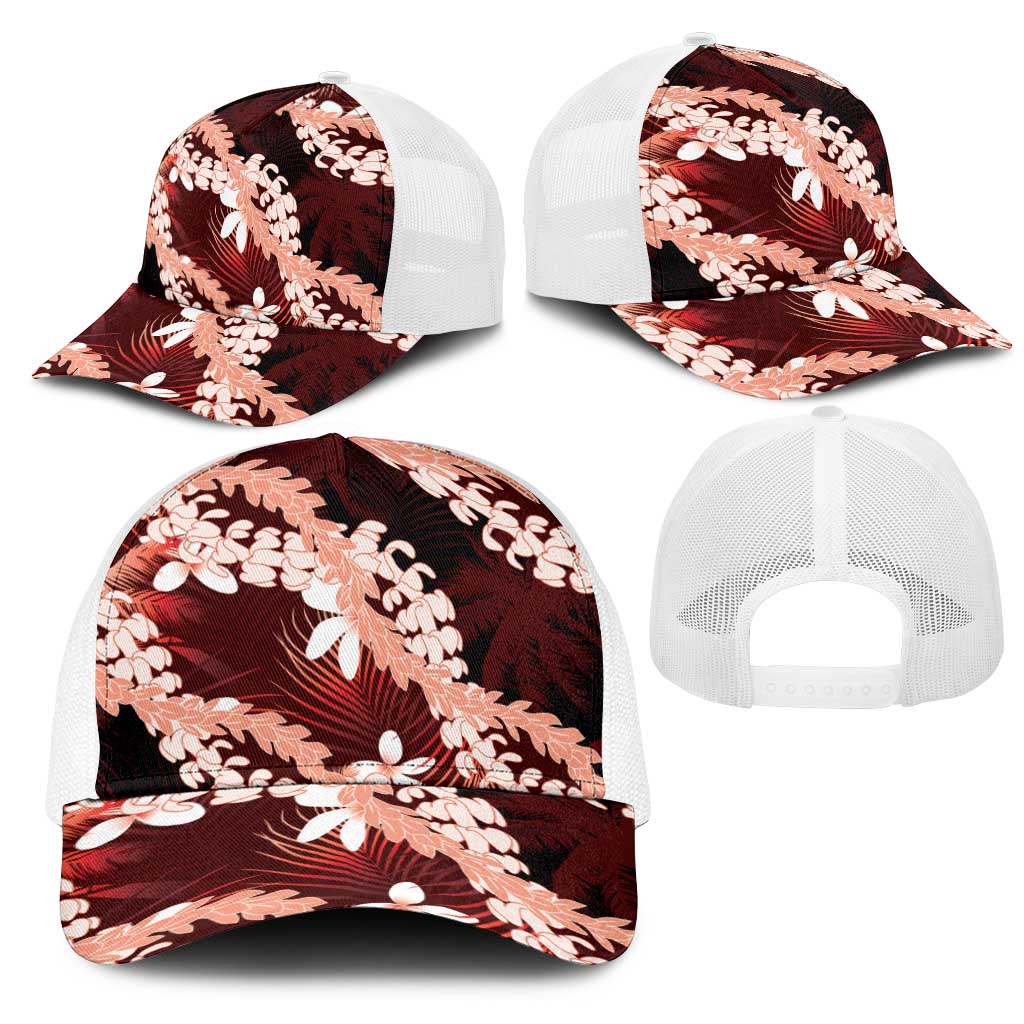Puakenikeni Maile Lei Mesh Trucker Cap Frangipani Red Tropical Leaves LT01 - Polynesian Pride