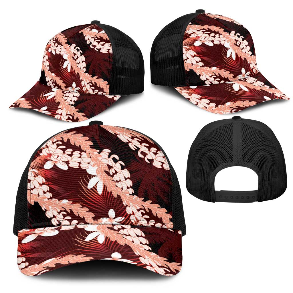 Puakenikeni Maile Lei Mesh Trucker Cap Frangipani Red Tropical Leaves LT01 - Polynesian Pride