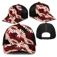 Puakenikeni Maile Lei Mesh Trucker Cap Frangipani Red Tropical Leaves LT01 - Polynesian Pride