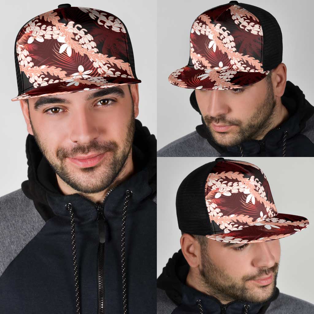 Puakenikeni Maile Lei Mesh Trucker Cap Frangipani Red Tropical Leaves LT01 - Polynesian Pride