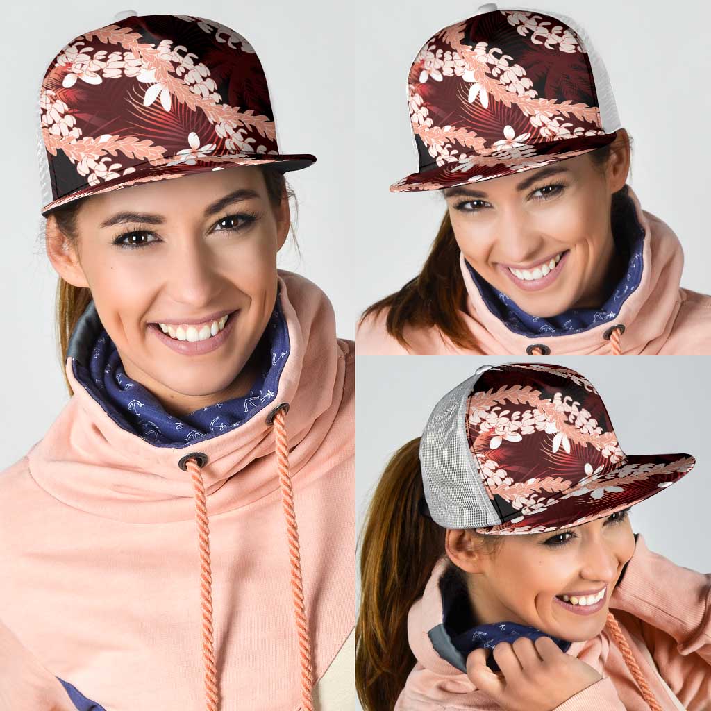 Puakenikeni Maile Lei Mesh Trucker Cap Frangipani Red Tropical Leaves LT01 - Polynesian Pride