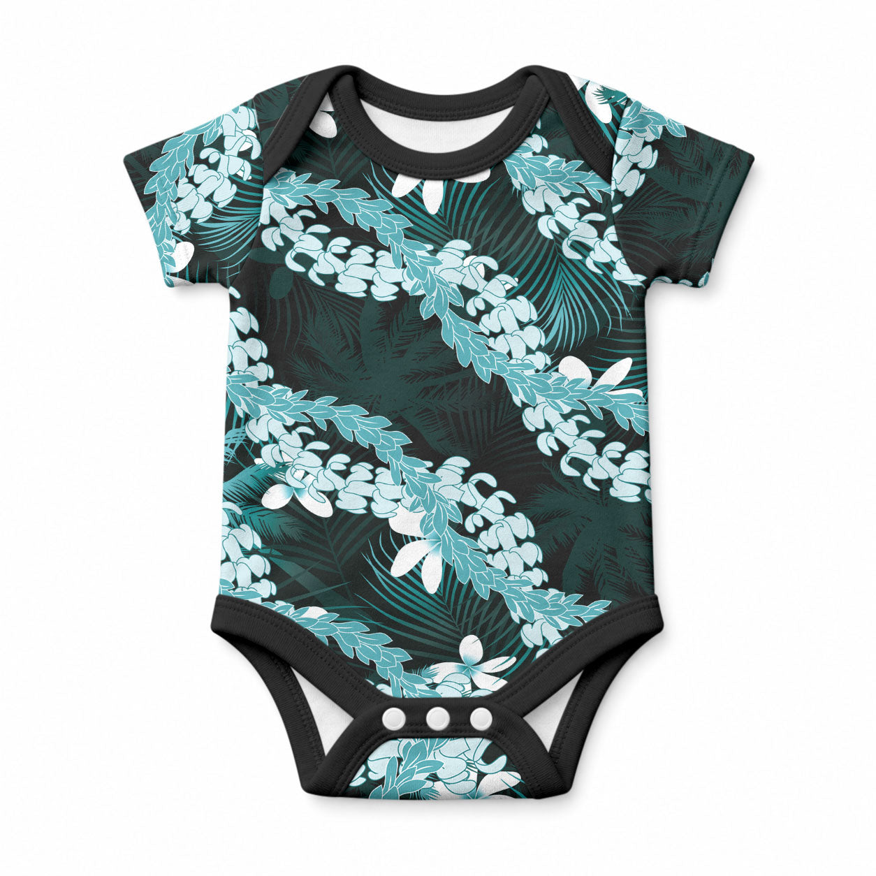 Puakenikeni Maile Lei Baby Onesie Frangipani Turquoise Tropical Leaves