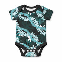 Puakenikeni Maile Lei Baby Onesie Frangipani Turquoise Tropical Leaves LT01 Turquoise - Polynesian Pride