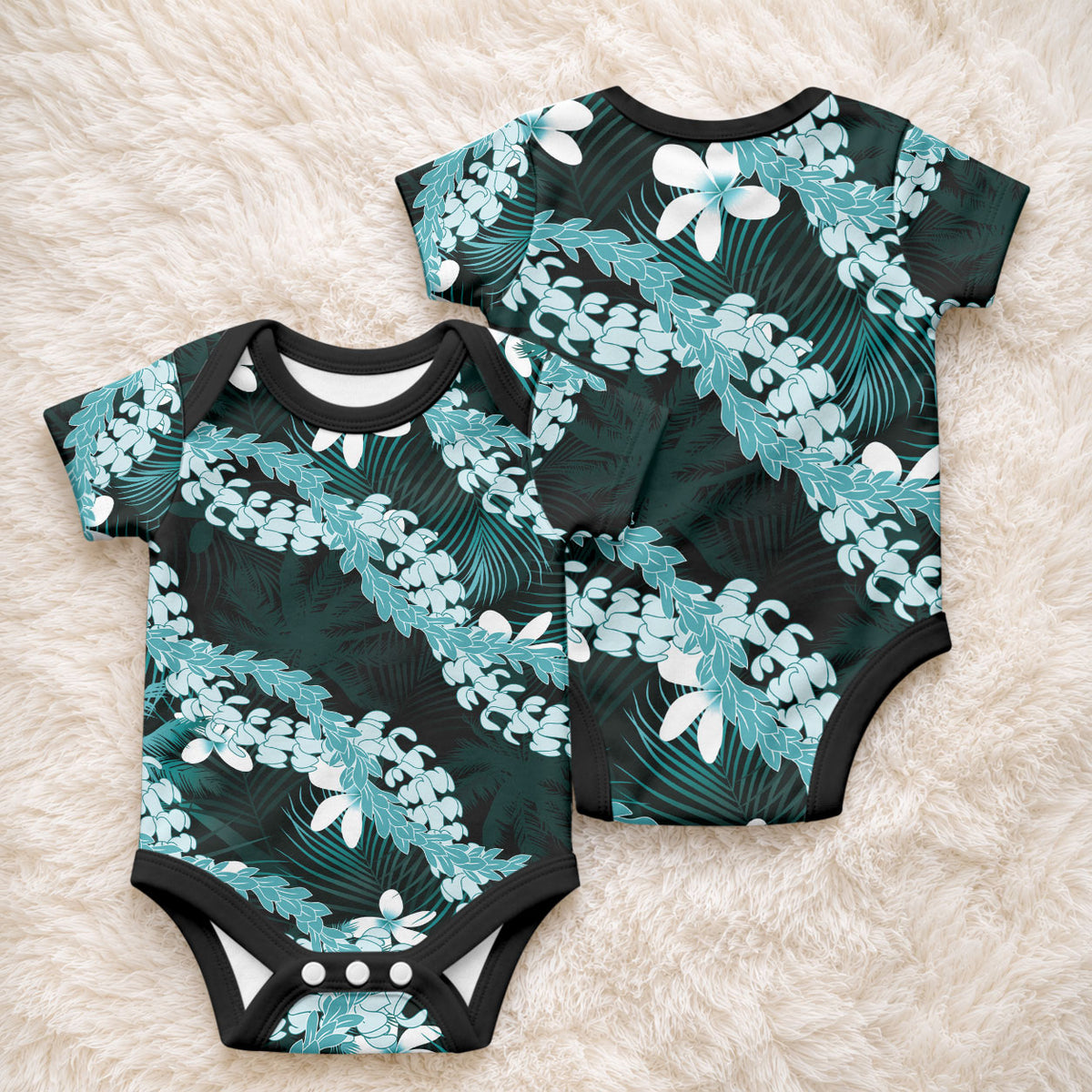 Puakenikeni Maile Lei Baby Onesie Frangipani Turquoise Tropical Leaves LT01 - Polynesian Pride