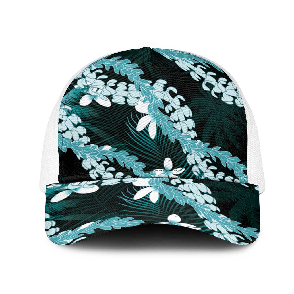 Puakenikeni Maile Lei Mesh Trucker Cap Frangipani Turquoise Tropical Leaves LT01 One Size White Turquoise - Polynesian Pride