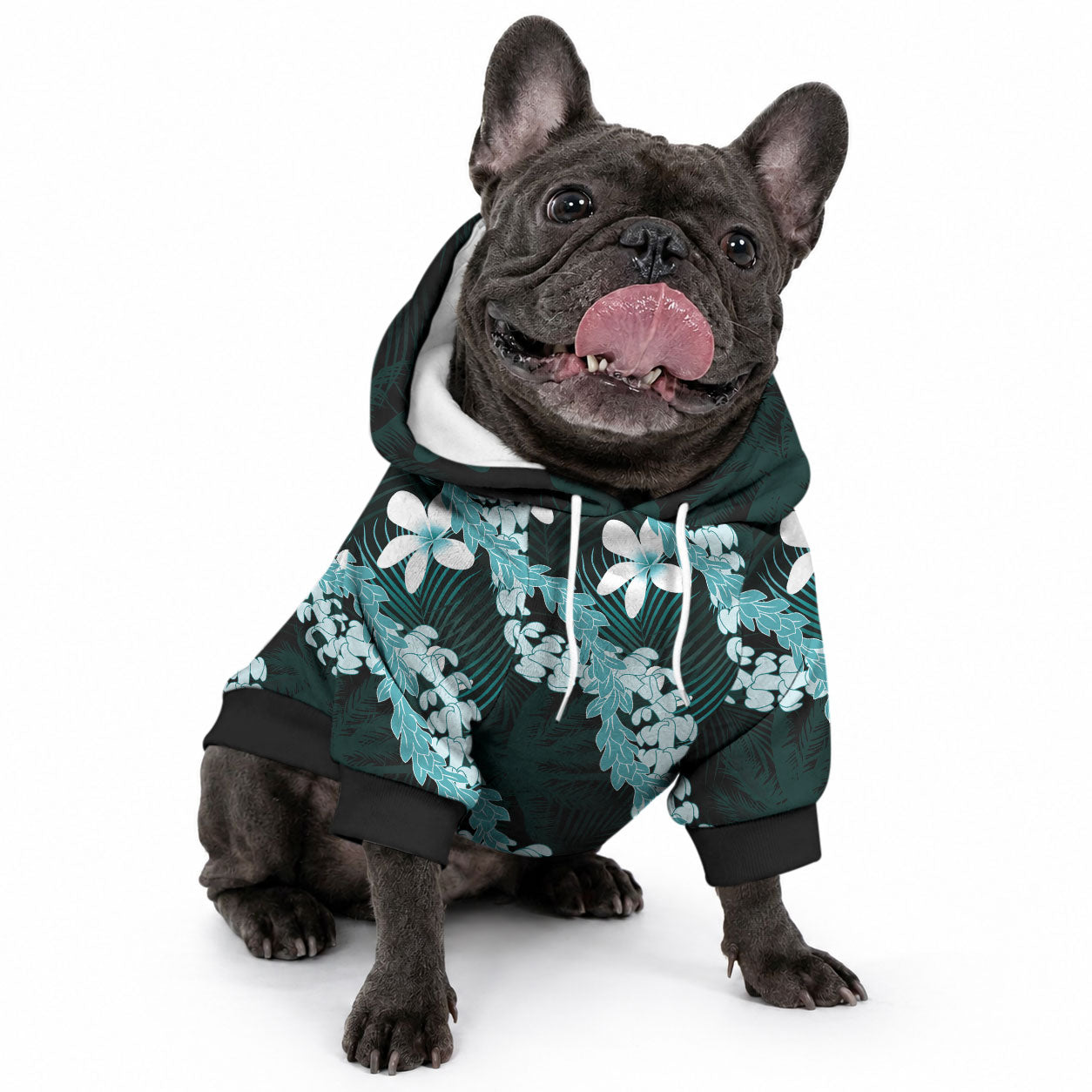 Puakenikeni Maile Lei Pet Hoodie Frangipani Turquoise Tropical Leaves