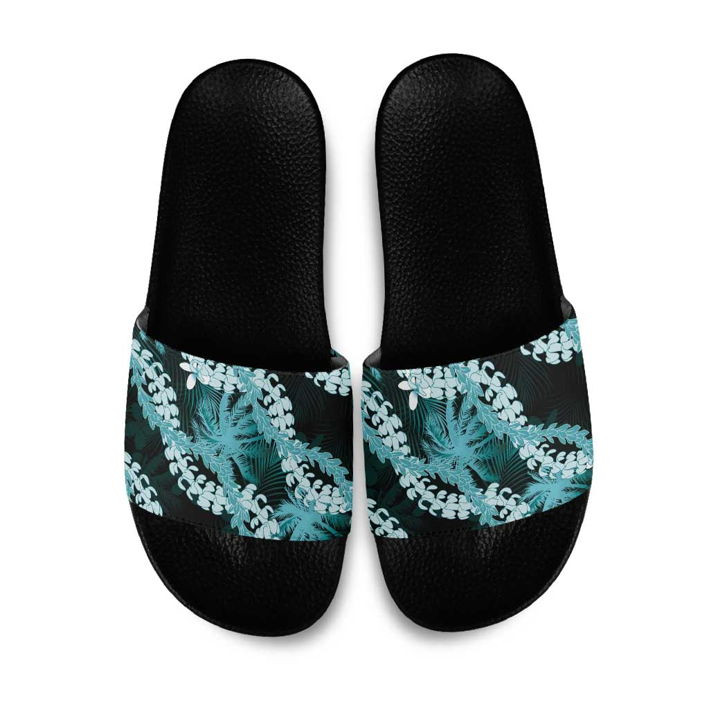 Puakenikeni Maile Lei Slide Sandals Frangipani Turquoise Tropical Leaves LT01 Turquoise - Polynesian Pride