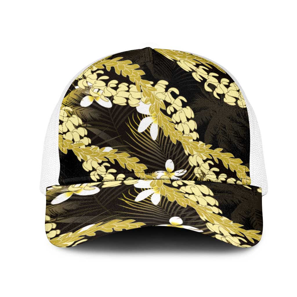 Puakenikeni Maile Lei Mesh Trucker Cap Frangipani Yellow Tropical Leaves LT01 One Size White Yellow - Polynesian Pride