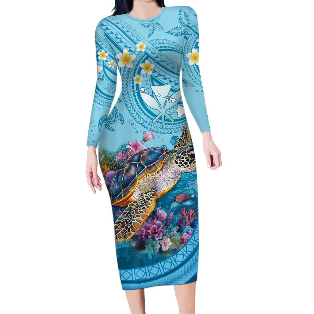 Personalized Hawaii Sea Turtle Long Sleeve Bodycon Dress Hawaii Map Ocean Vibes LT01 Long Dress Blue - Polynesian Pride