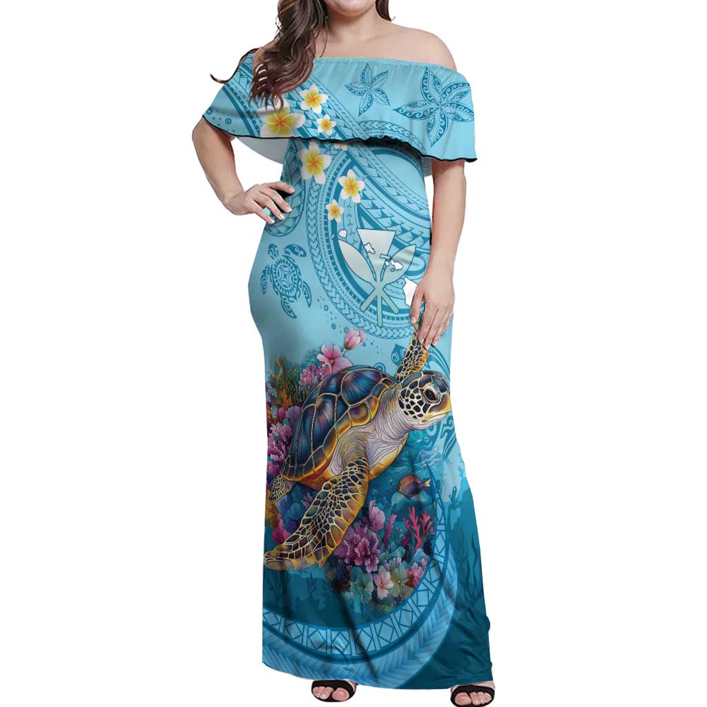 Personalized Hawaii Sea Turtle Off Shoulder Maxi Dress Hawaii Map Ocean Vibes LT01 Women Blue - Polynesian Pride