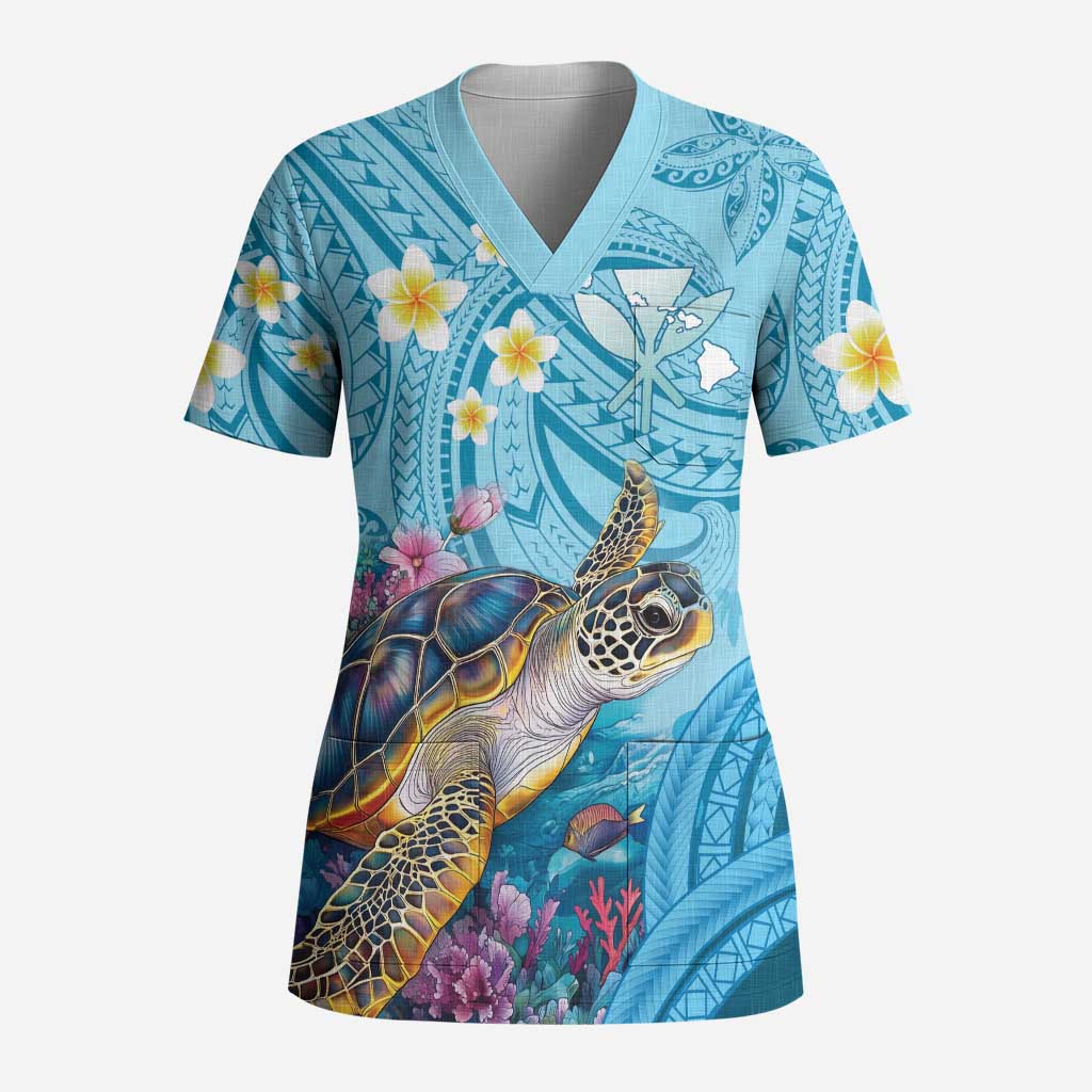 Personalized Hawaii Sea Turtle Scrub Top Hawaii Map Ocean Vibes LT01 Adult Blue - Polynesian Pride
