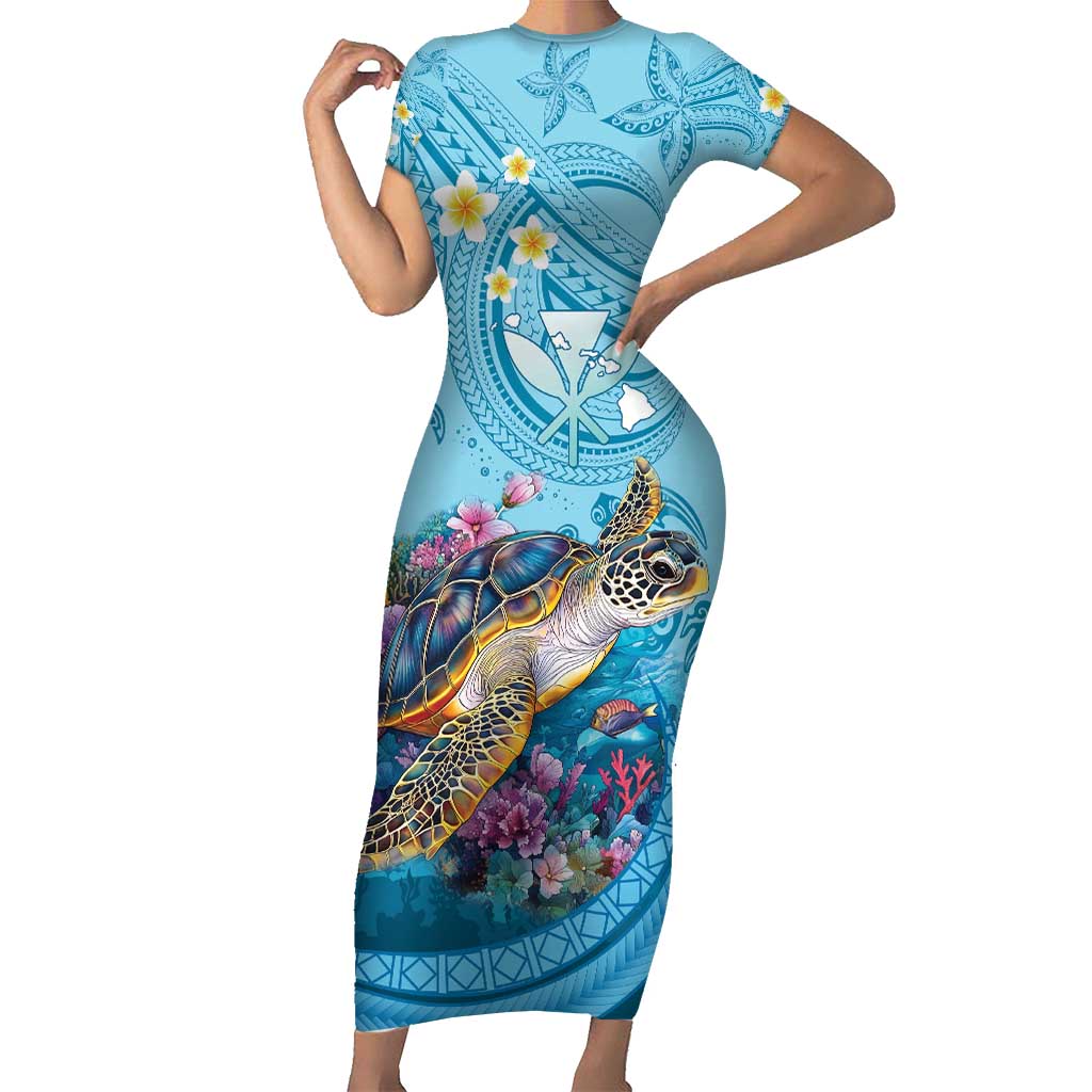 Personalized Hawaii Sea Turtle Short Sleeve Bodycon Dress Hawaii Map Ocean Vibes LT01 Long Dress Blue - Polynesian Pride