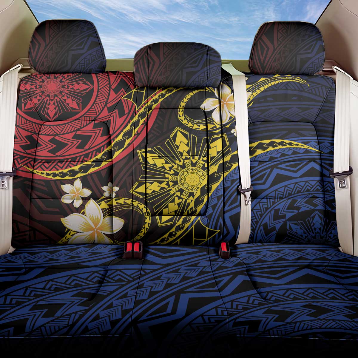Philippines Spirit Tribal Sun Plumeria Back Car Seat Cover Red And Blue Polynesian Pattern LT01 One Size Black - Polynesian Pride
