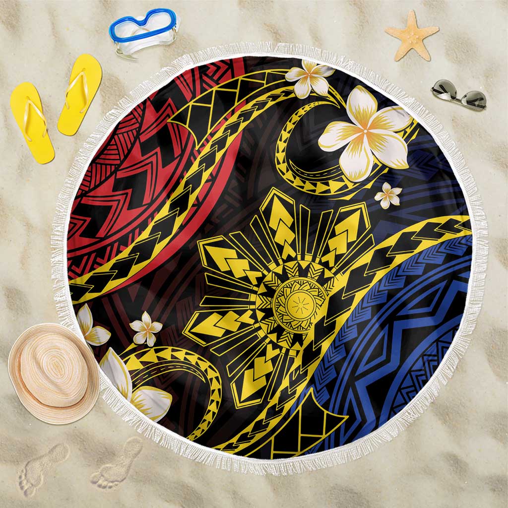Philippines Spirit Tribal Sun Plumeria Beach Blanket Red And Blue Polynesian Pattern LT01 One Size 150cm Black - Polynesian Pride