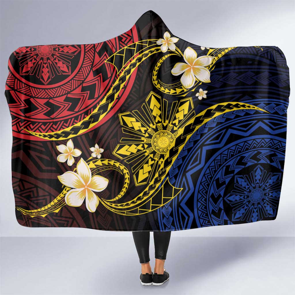 Philippines Spirit Tribal Sun Plumeria Hooded Blanket Red And Blue Polynesian Pattern LT01 One Size Black - Polynesian Pride
