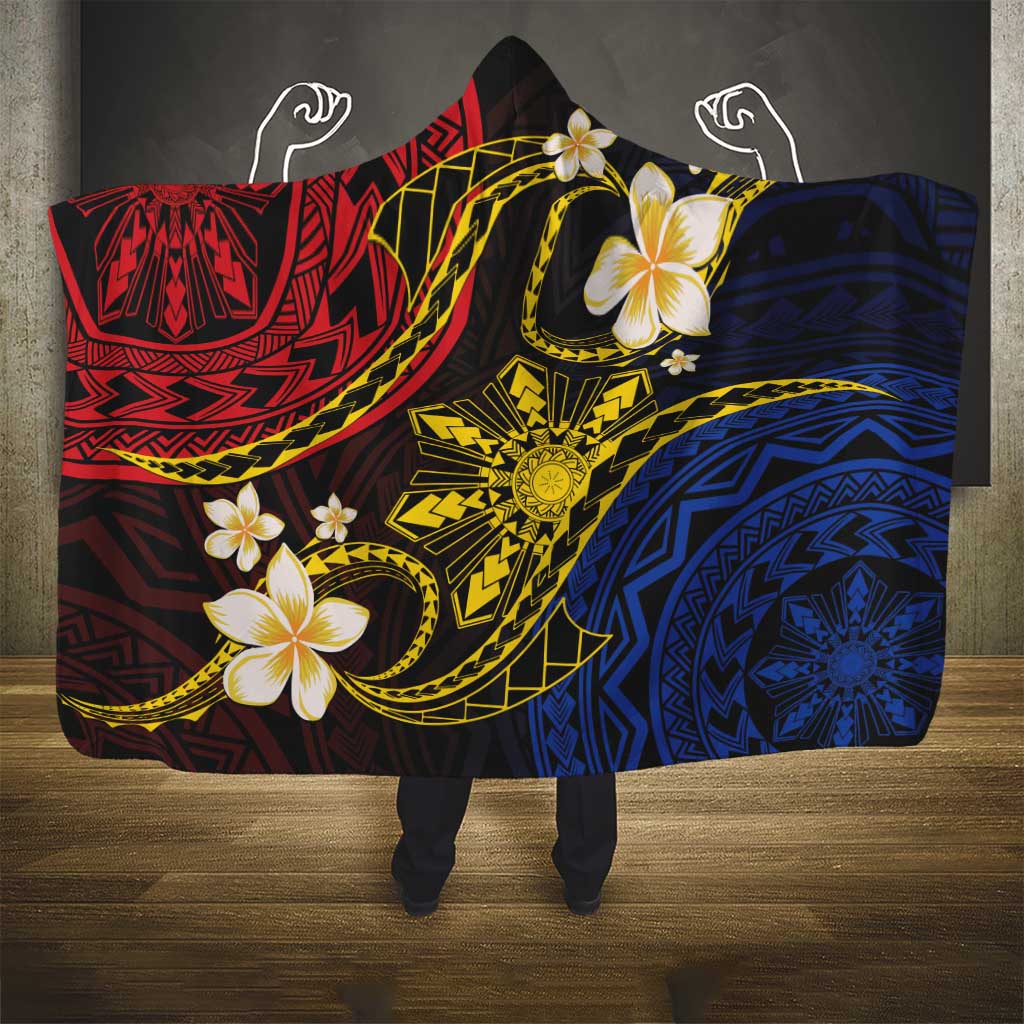 Philippines Spirit Tribal Sun Plumeria Hooded Blanket Red And Blue Polynesian Pattern LT01 - Polynesian Pride