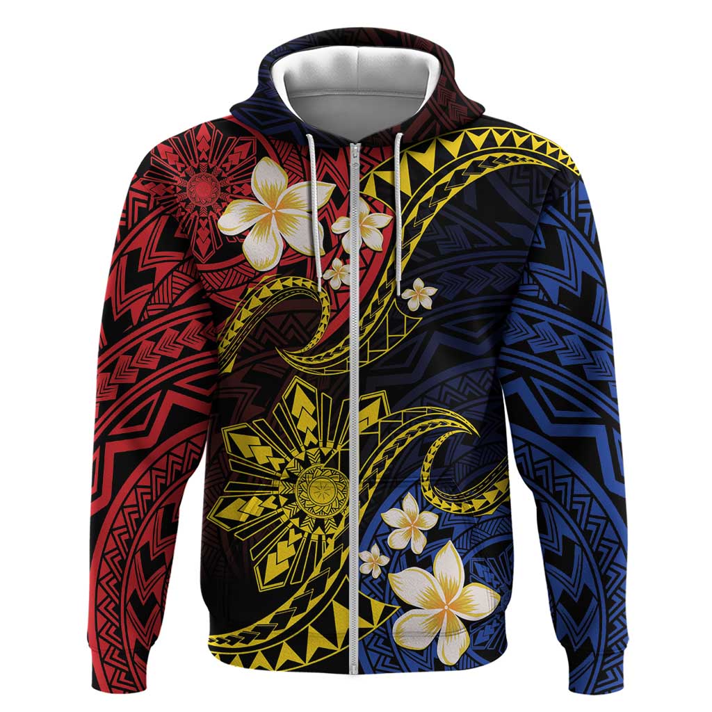 Philippines Spirit Tribal Sun Plumeria Hoodie Red And Blue Polynesian Pattern LT01 Zip Hoodie Black - Polynesian Pride