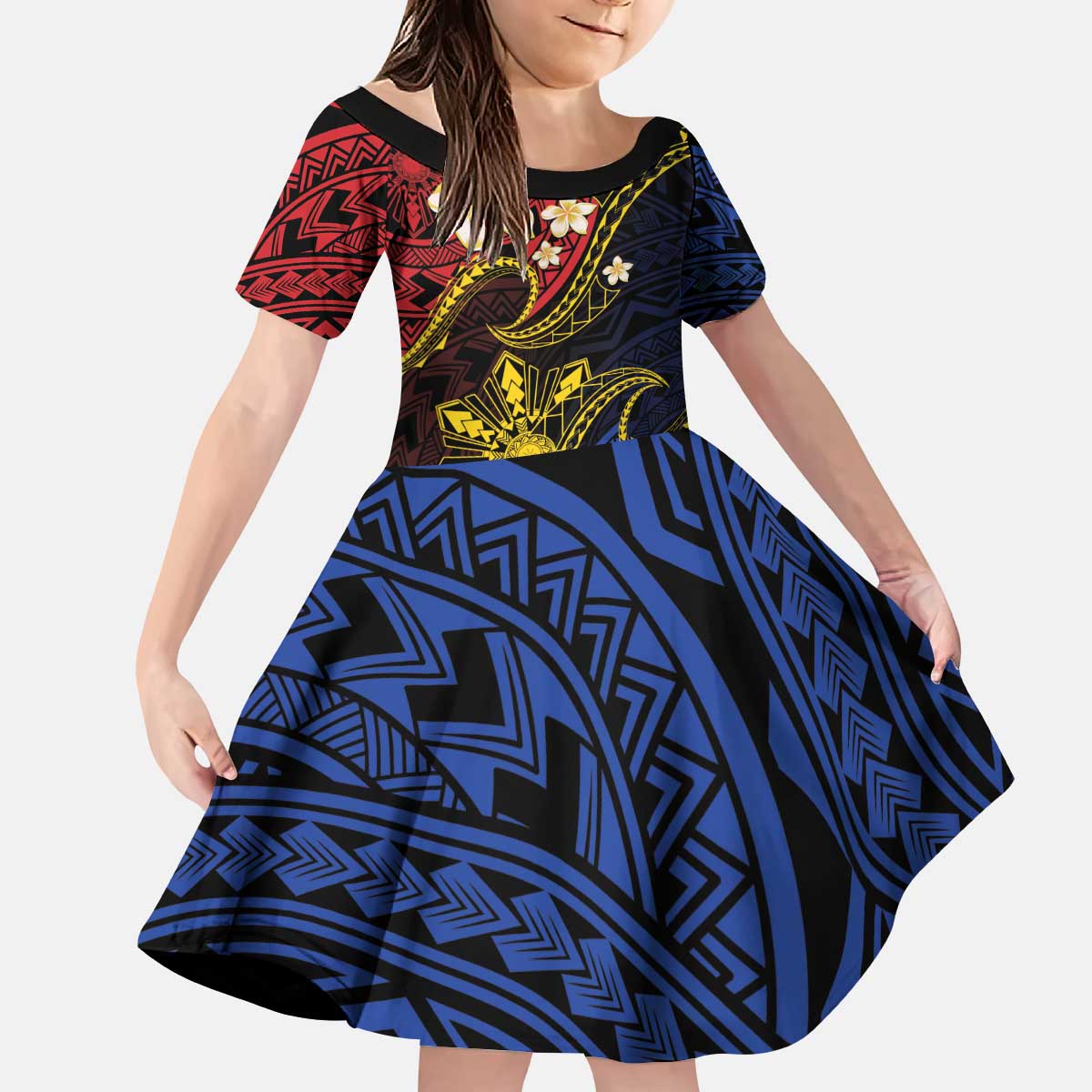 Philippines Spirit Tribal Sun Plumeria Kid Short Sleeve Dress Red And Blue Polynesian Pattern LT01 KID Black - Polynesian Pride