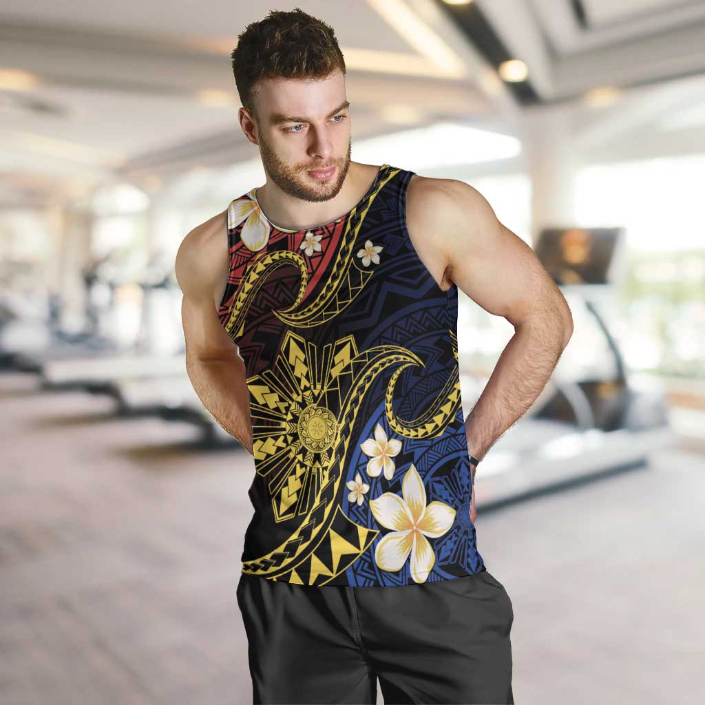 Philippines Spirit Tribal Sun Plumeria Men Tank Top Red And Blue Polynesian Pattern LT01 Black - Polynesian Pride