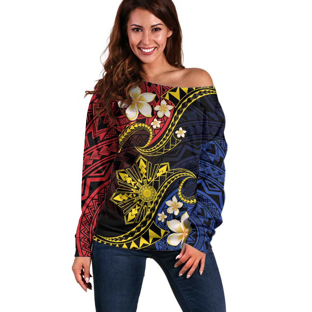 Philippines Spirit Tribal Sun Plumeria Off Shoulder Sweater Red And Blue Polynesian Pattern LT01 Women Black - Polynesian Pride
