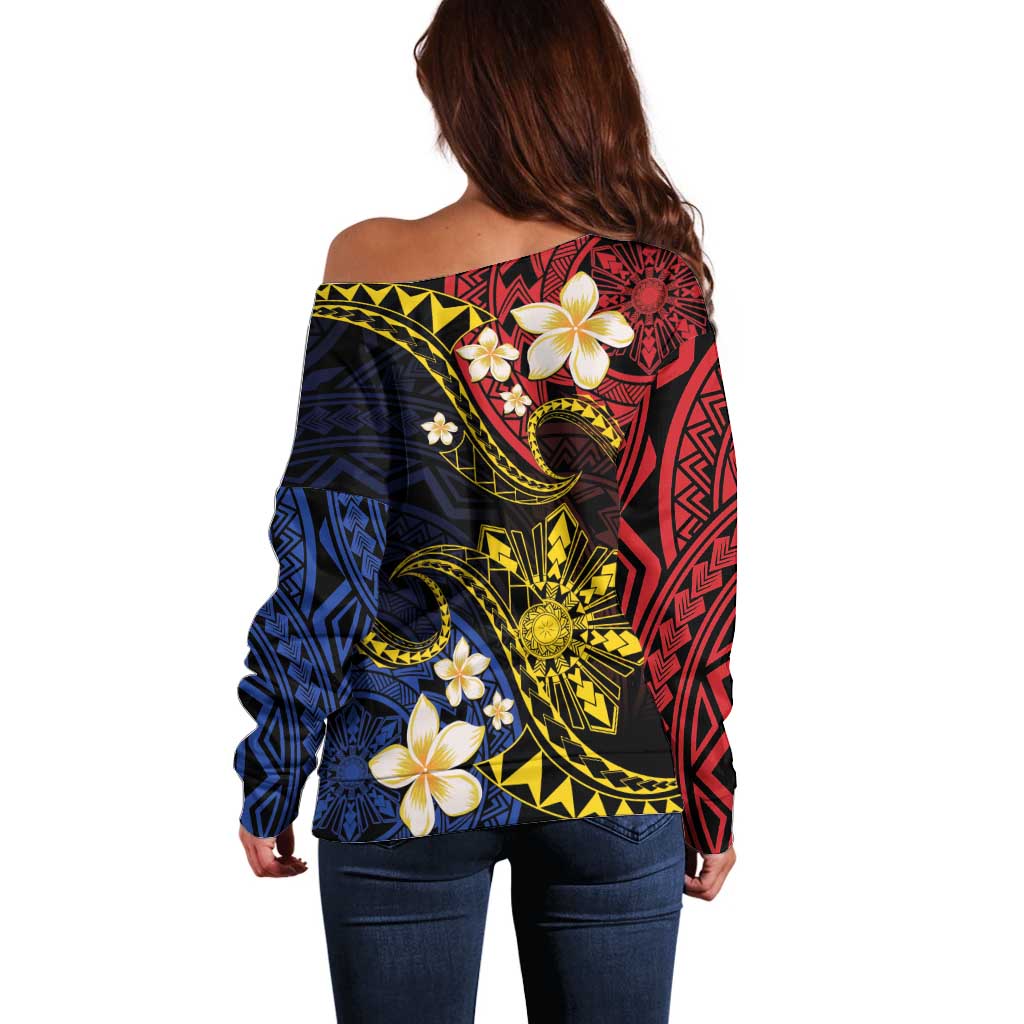 Philippines Spirit Tribal Sun Plumeria Off Shoulder Sweater Red And Blue Polynesian Pattern LT01 - Polynesian Pride