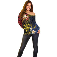 Philippines Spirit Tribal Sun Plumeria Off Shoulder Sweater Red And Blue Polynesian Pattern LT01 - Polynesian Pride