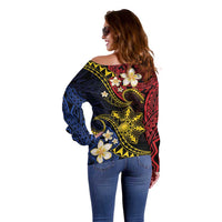 Philippines Spirit Tribal Sun Plumeria Off Shoulder Sweater Red And Blue Polynesian Pattern LT01 - Polynesian Pride