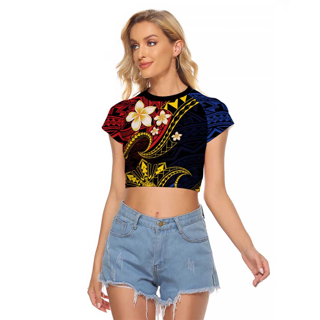 Philippines Spirit Tribal Sun Plumeria Raglan Cropped T Shirt Red And Blue Polynesian Pattern LT01 Female Black - Polynesian Pride