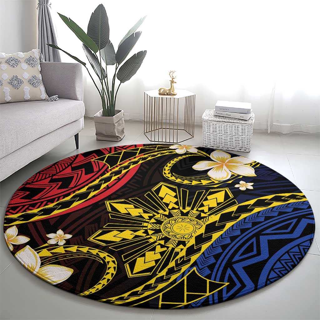 Philippines Spirit Tribal Sun Plumeria Round Carpet Red And Blue Polynesian Pattern LT01 - Polynesian Pride