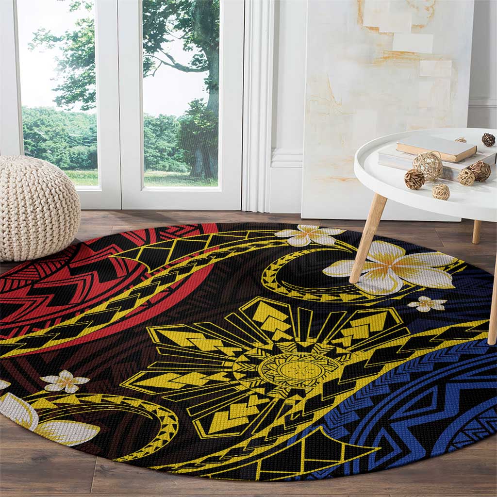 Philippines Spirit Tribal Sun Plumeria Round Carpet Red And Blue Polynesian Pattern LT01 - Polynesian Pride