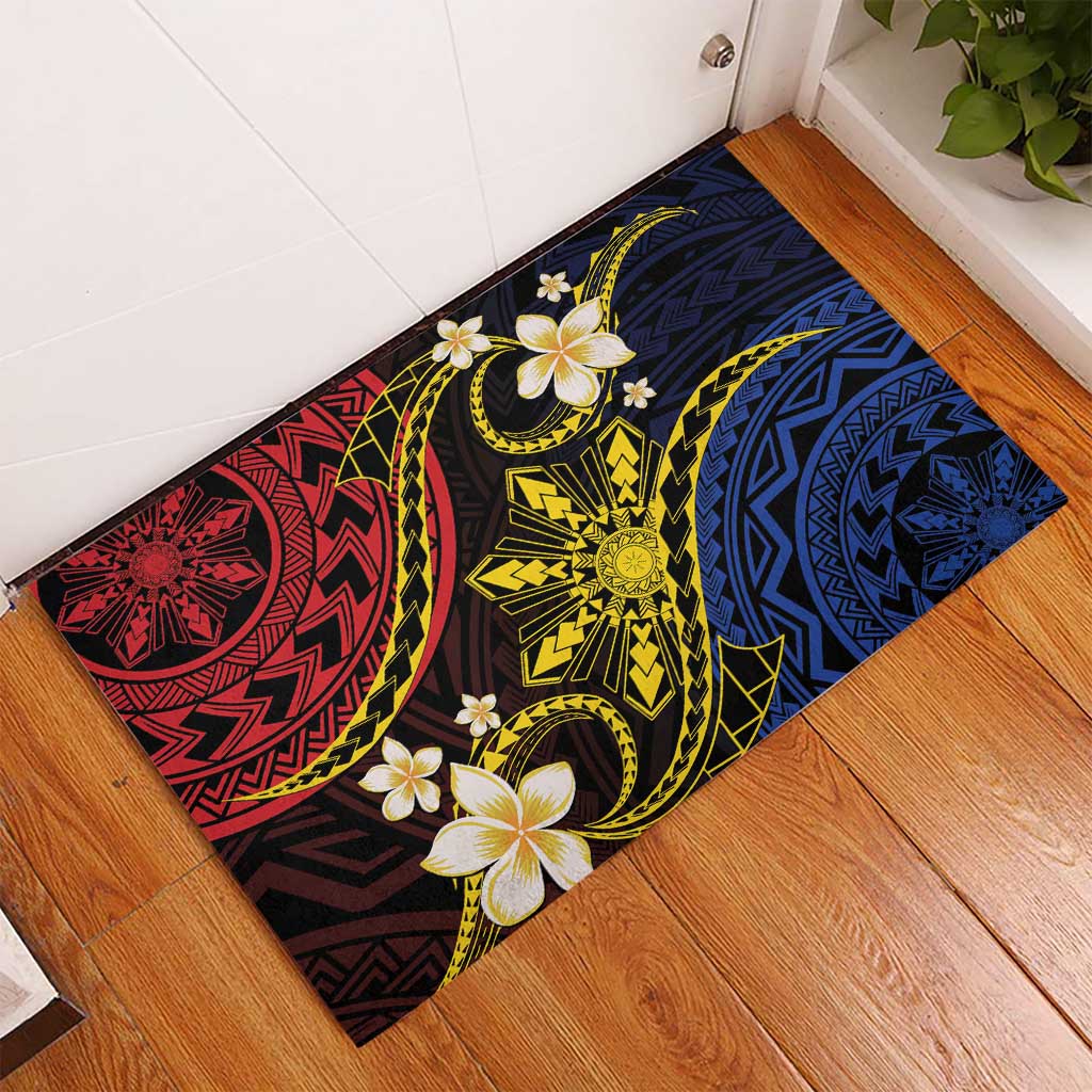 Philippines Spirit Tribal Sun Plumeria Rubber Doormat Red And Blue Polynesian Pattern LT01 - Polynesian Pride