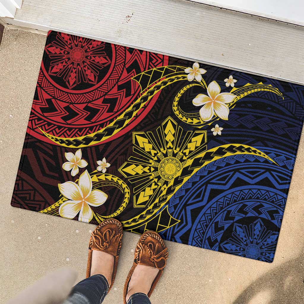 Philippines Spirit Tribal Sun Plumeria Rubber Doormat Red And Blue Polynesian Pattern LT01 - Polynesian Pride