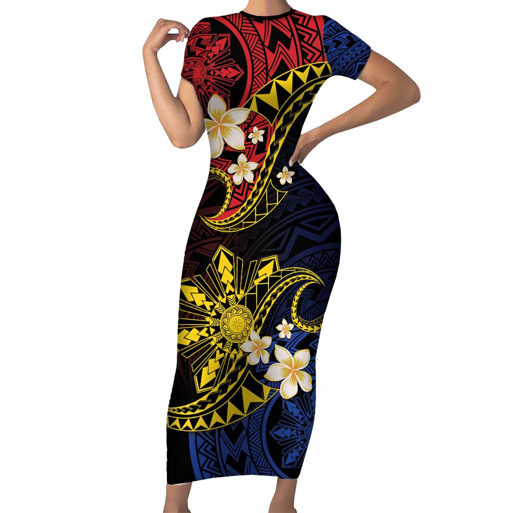 Philippines Spirit Tribal Sun Plumeria Short Sleeve Bodycon Dress Red And Blue Polynesian Pattern LT01 Long Dress Black - Polynesian Pride