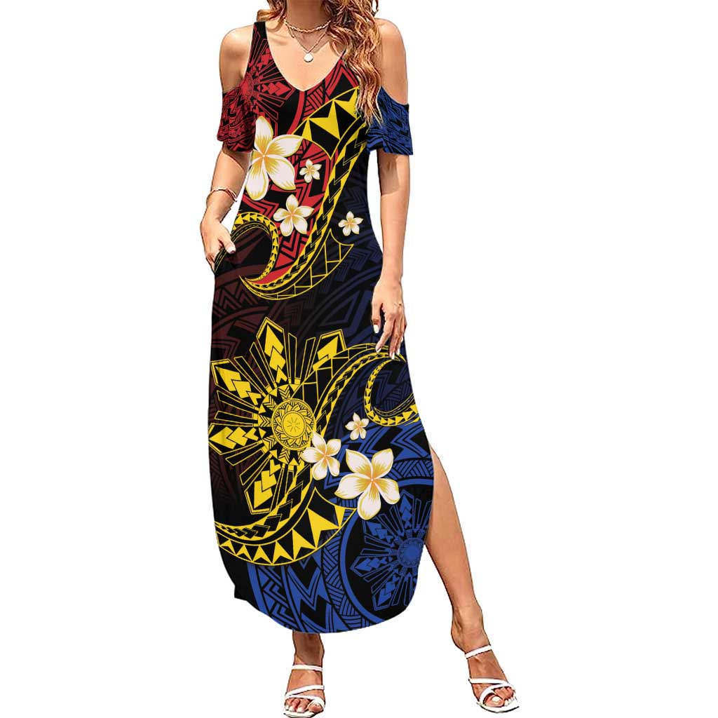 Philippines Spirit Tribal Sun Plumeria Summer Maxi Dress Red And Blue Polynesian Pattern LT01 Women Black - Polynesian Pride