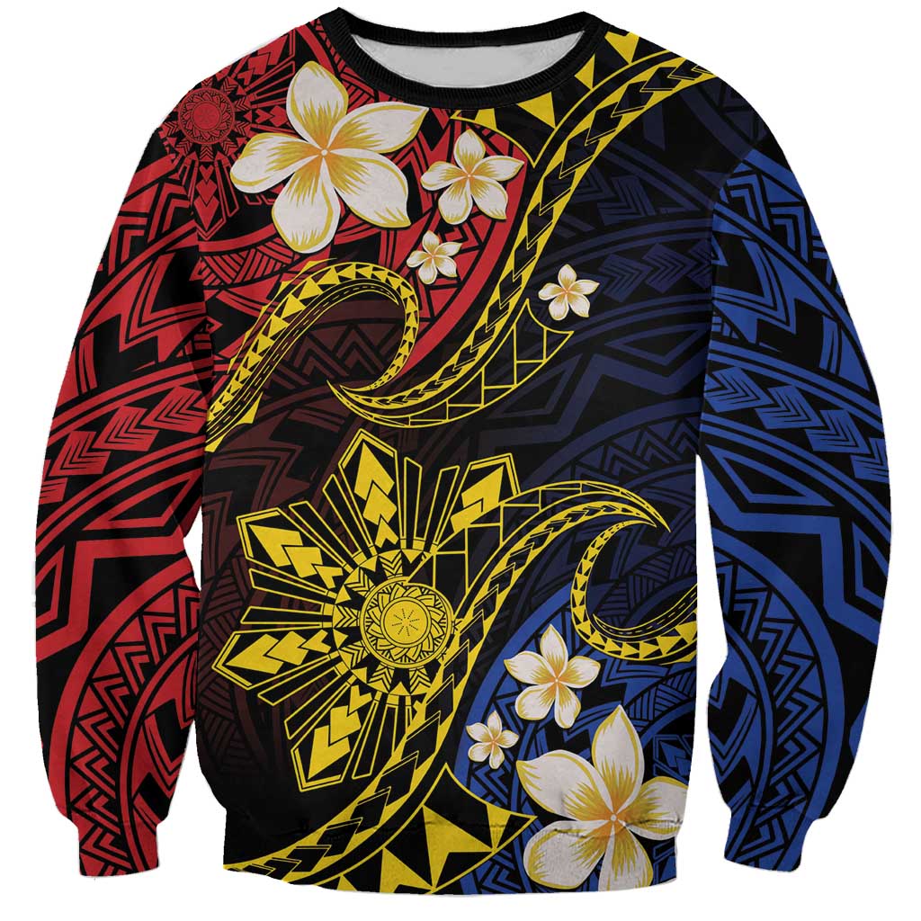 Philippines Spirit Tribal Sun Plumeria Sweatshirt Red And Blue Polynesian Pattern LT01 Unisex Black - Polynesian Pride