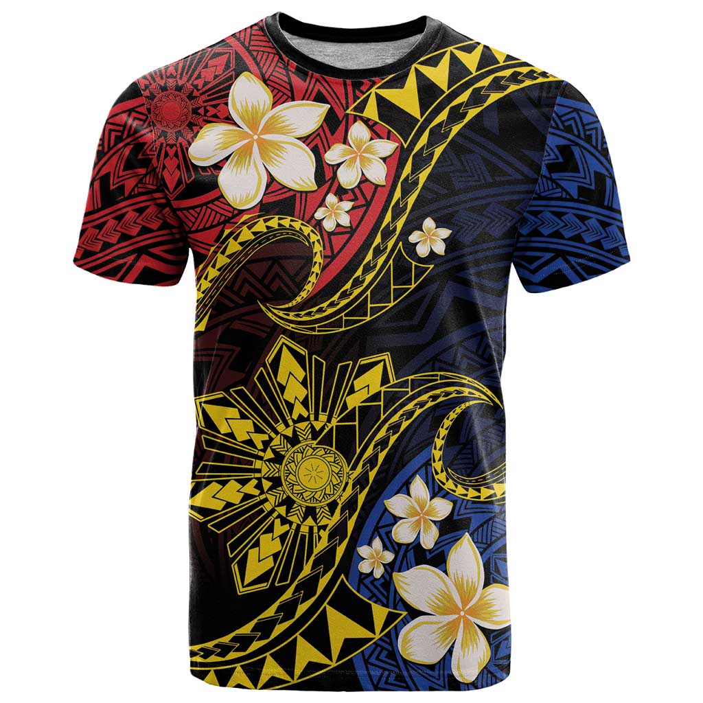 Philippines Spirit Tribal Sun Plumeria T Shirt Red And Blue Polynesian Pattern LT01 Black - Polynesian Pride