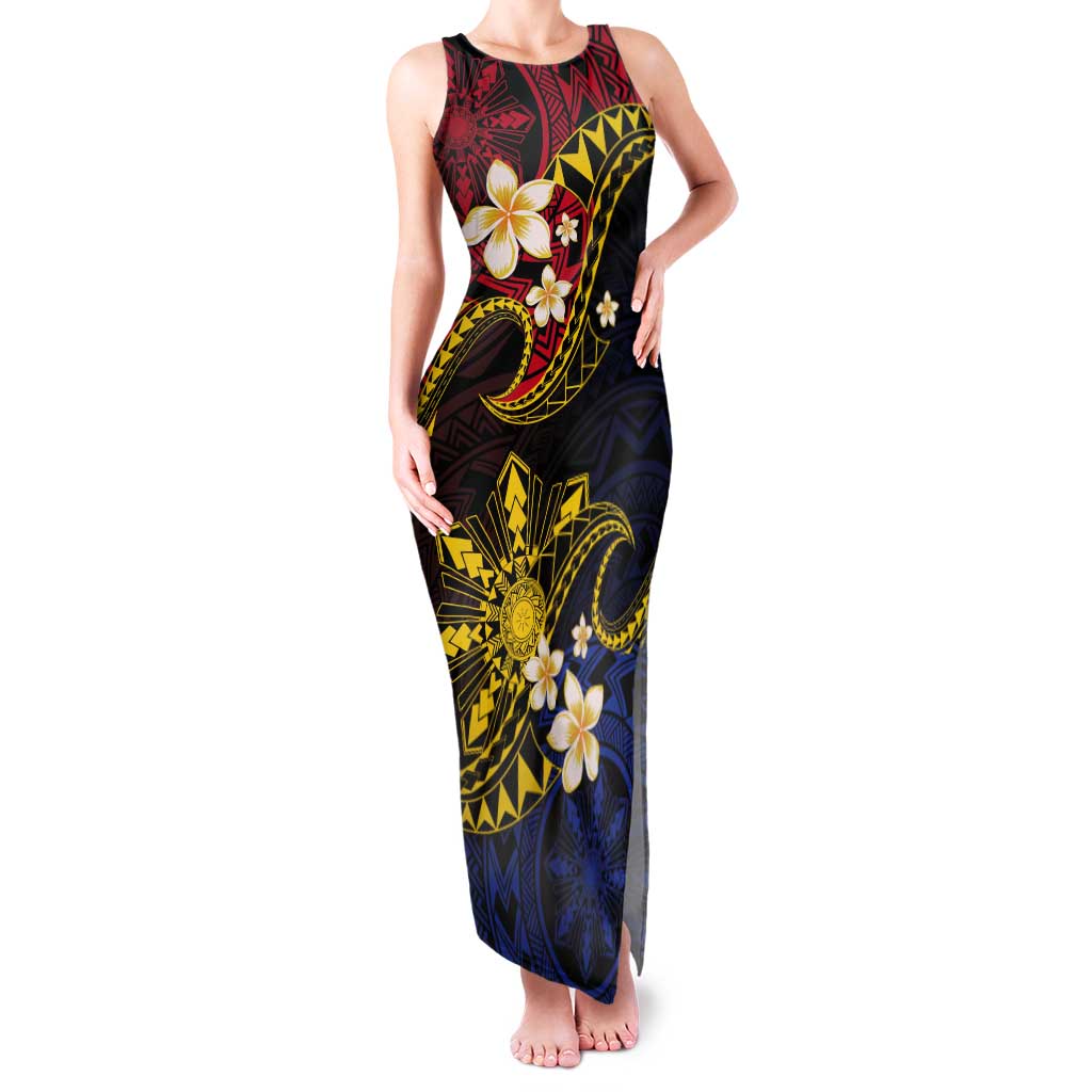 Philippines Spirit Tribal Sun Plumeria Tank Maxi Dress Red And Blue Polynesian Pattern LT01 Women Black - Polynesian Pride