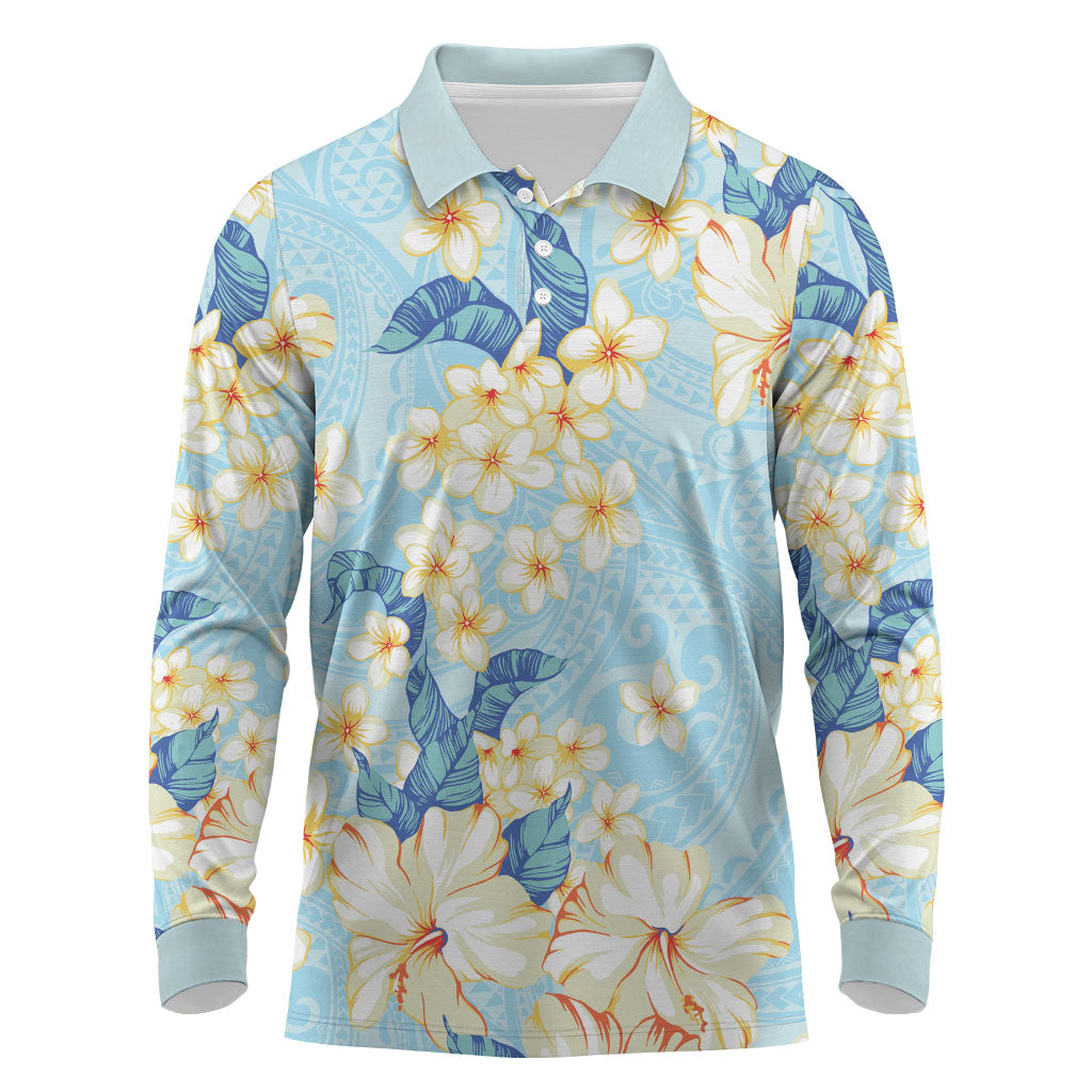 Hawaii Hibiscus Plumeria Blue Long Sleeve Polo Shirt Polynesian Pattern LT01 Blue - Polynesian Pride