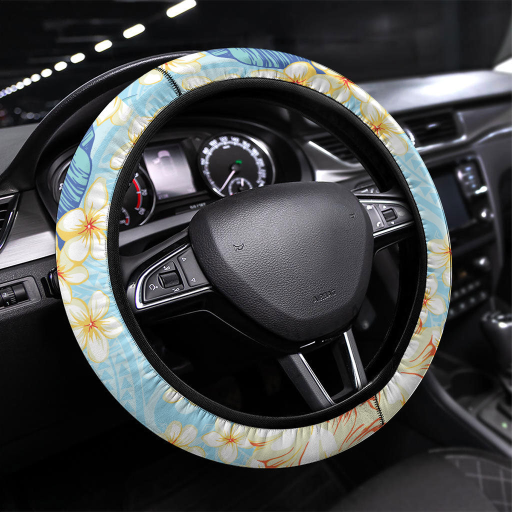 Hawaii Hibiscus Plumeria Blue Steering Wheel Cover Polynesian Pattern LT01 Universal Fit Blue - Polynesian Pride