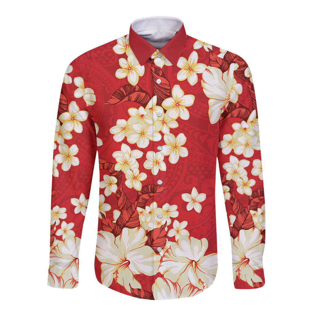 Hawaii Hibiscus Plumeria Red Long Sleeve Button Shirt Polynesian Pattern LT01 Unisex Red - Polynesian Pride