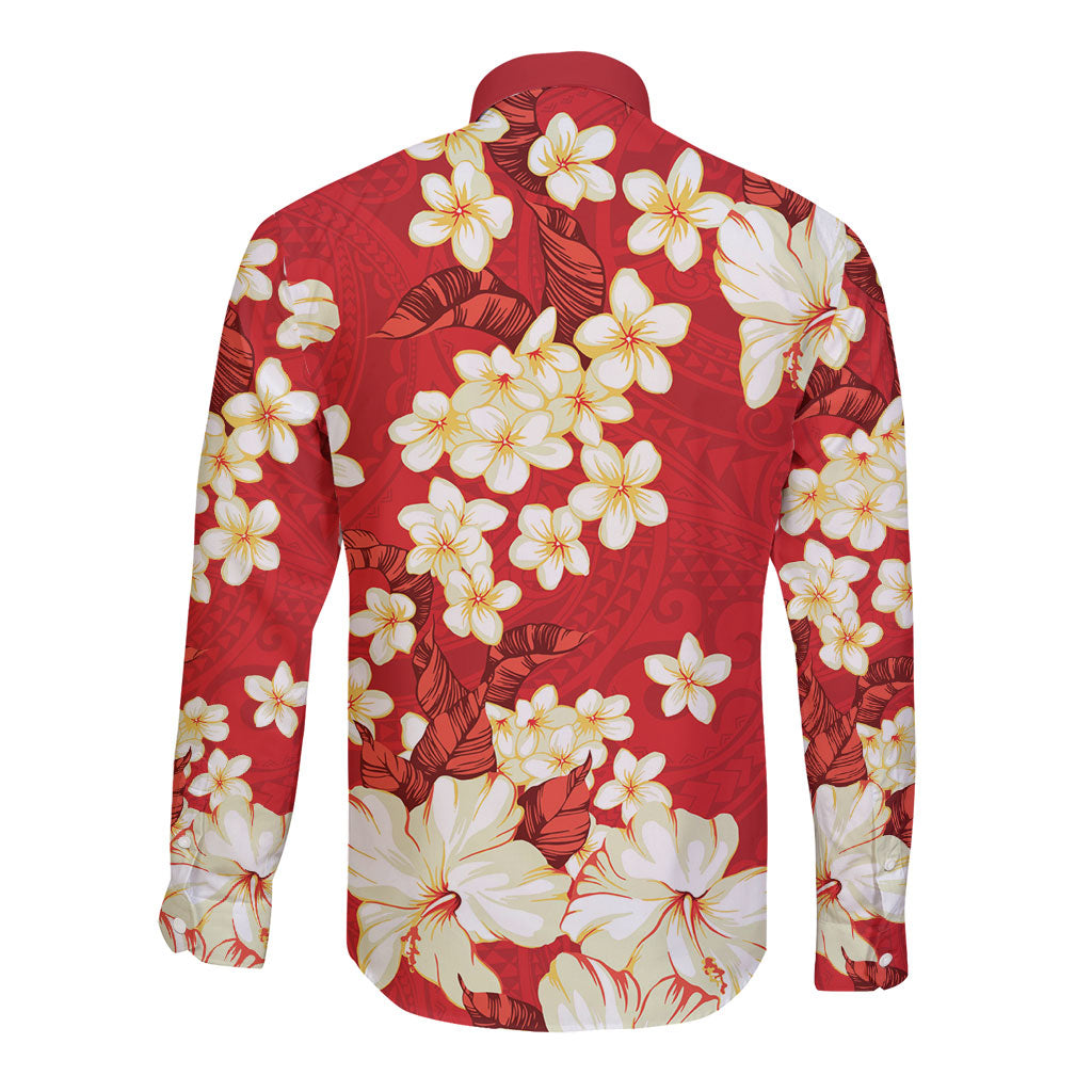 Hawaii Hibiscus Plumeria Red Long Sleeve Button Shirt Polynesian Pattern LT01 - Polynesian Pride