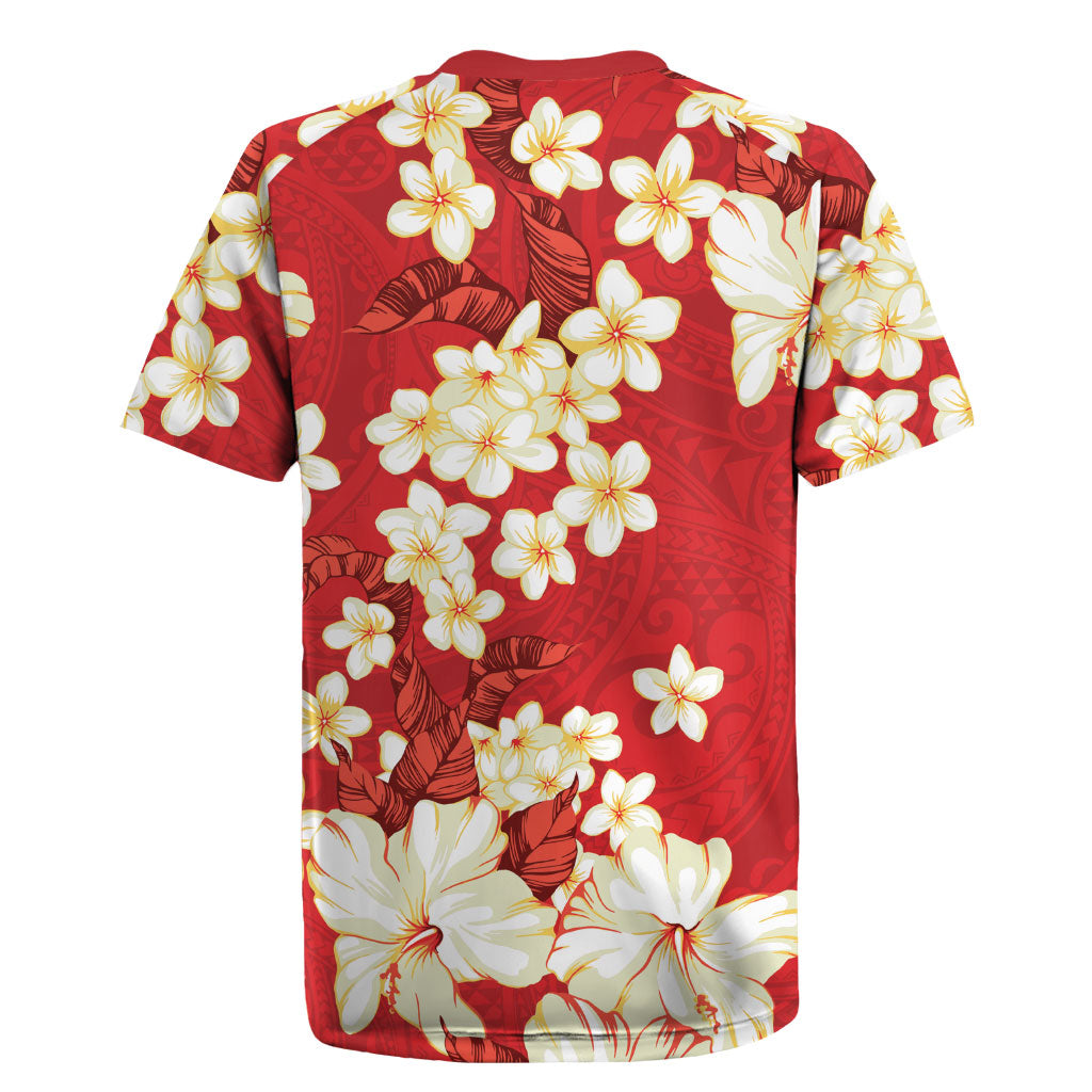 Hawaii Hibiscus Plumeria Red Rugby Jersey Polynesian Pattern LT01 - Polynesian Pride