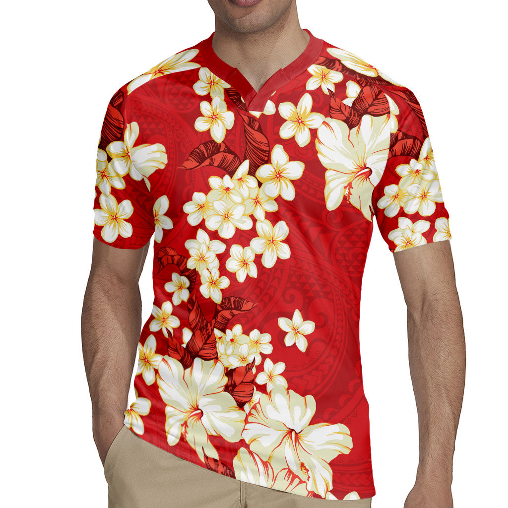 Hawaii Hibiscus Plumeria Red Rugby Jersey Polynesian Pattern LT01 - Polynesian Pride