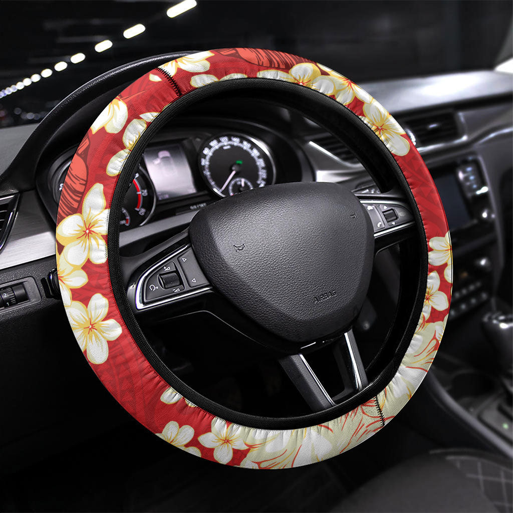Hawaii Hibiscus Plumeria Red Steering Wheel Cover Polynesian Pattern LT01 Universal Fit Red - Polynesian Pride