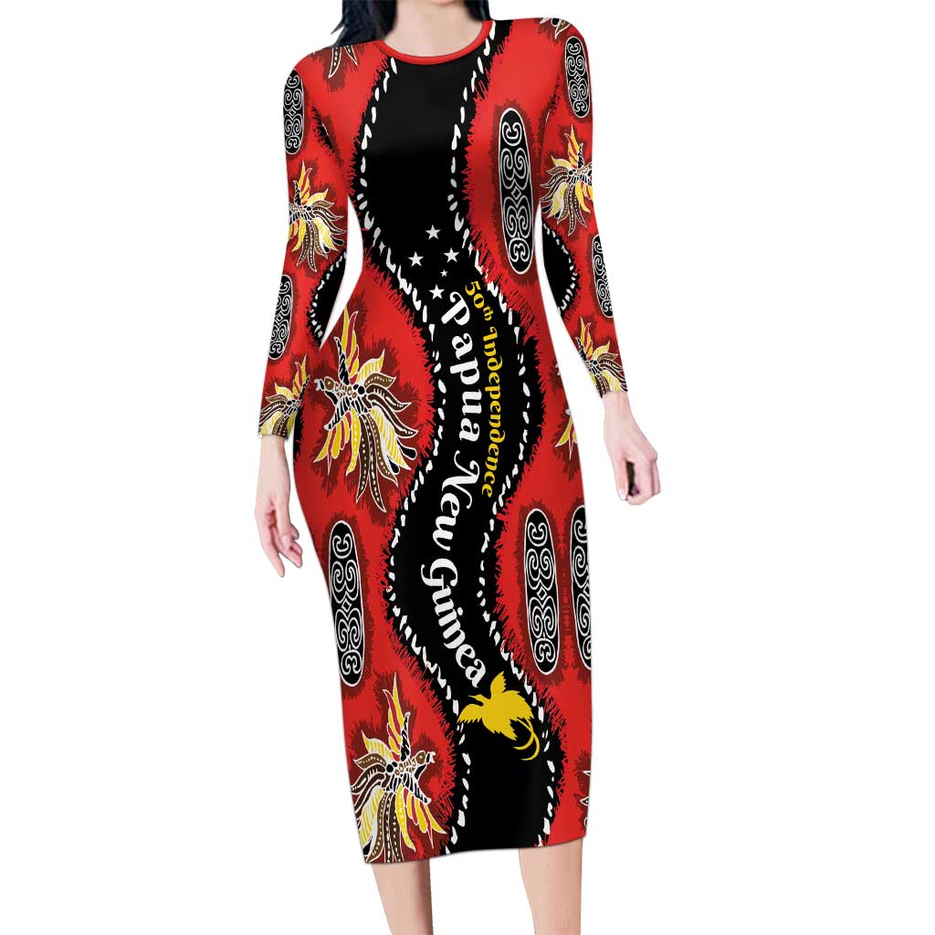 Papua New Guinea 50th Independence Long Sleeve Bodycon Dress PNG Batik Pattern LT01 Long Dress Red - Polynesian Pride