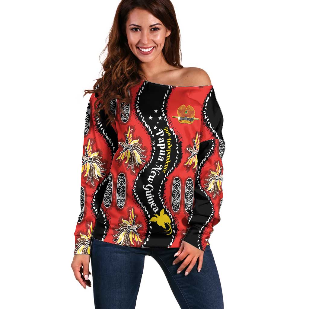 Papua New Guinea 50th Independence Off Shoulder Sweater PNG Batik Pattern LT01 Women Red - Polynesian Pride