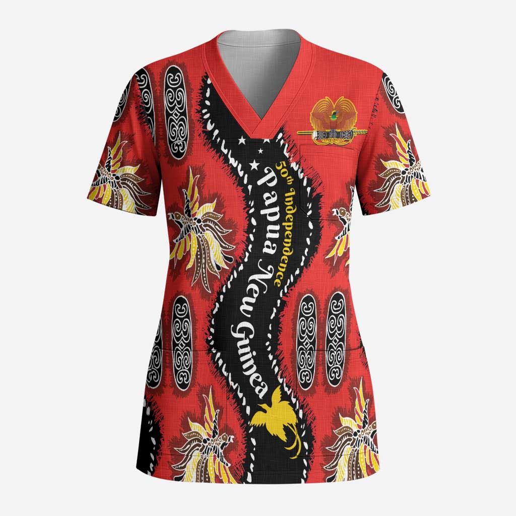 Papua New Guinea 50th Independence Scrub Top PNG Batik Pattern LT01 Adult Red - Polynesian Pride
