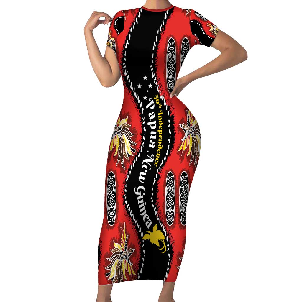 Papua New Guinea 50th Independence Short Sleeve Bodycon Dress PNG Batik Pattern LT01 Long Dress Red - Polynesian Pride